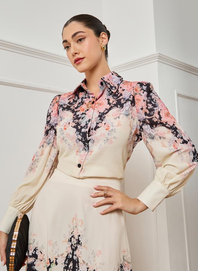 Styli Women Off White Floral Print Buttoned Shirt - Image 1