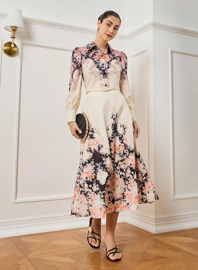 Styli Women Off White Floral Print Buttoned Shirt