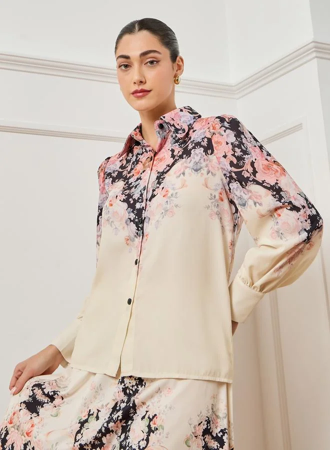 Styli Women Off White Floral Print Buttoned Shirt