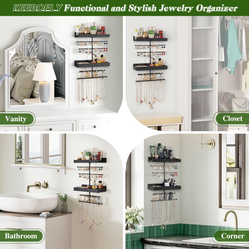 Keebofly Wall Mounted Jewelry Organizer with 2 Tired Shelves & Ring Holder- Jewelry Holder Wall Storage Display for Earrings, Necklace, Bracelet in Bathroom Bedroom, Black - Image 4