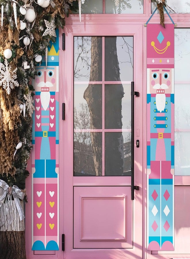 Bolisom Christmas Nutcracker Porch Banner Sign, Blue Pink Xmas Cute Front Door Decorative Hanging Welcome Banners Flag, Winter Holiday Decoration Home Outdoor Decor - Image 4