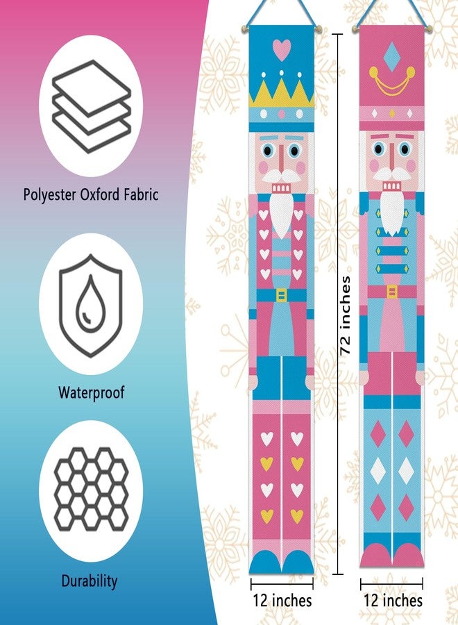 Bolisom Christmas Nutcracker Porch Banner Sign, Blue Pink Xmas Cute Front Door Decorative Hanging Welcome Banners Flag, Winter Holiday Decoration Home Outdoor Decor - Image 2