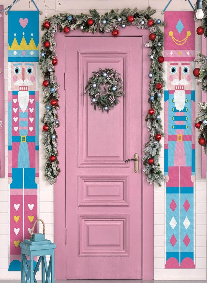 Bolisom Christmas Nutcracker Porch Banner Sign, Blue Pink Xmas Cute Front Door Decorative Hanging Welcome Banners Flag, Winter Holiday Decoration Home Outdoor Decor - Image 1