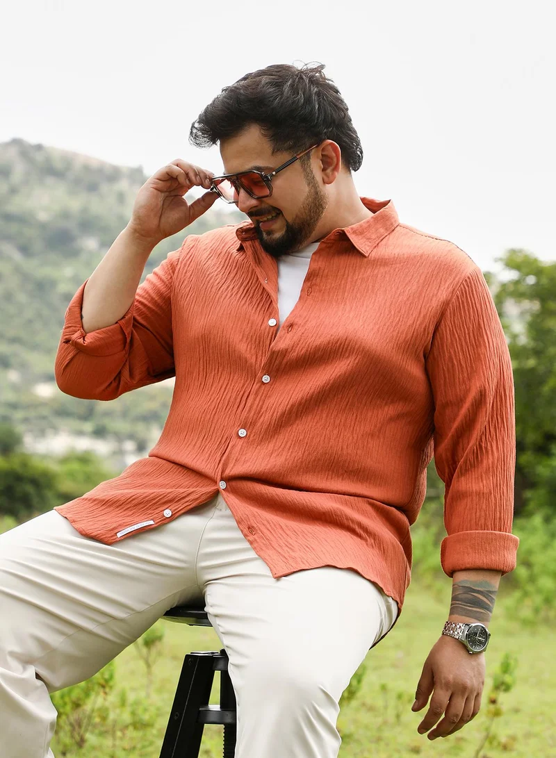 انستافاب بلس Instafab Plus Men Solid Creased-Tactile Shirt | Spread Collar , Long Cuffed Sleeves | Button Closure , - Hem | Solid Textured | Woven Fabric For Casual & Daily Wear | Saffron Orange