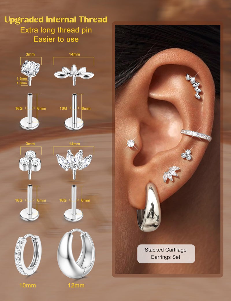 Sanfenly 6 Pairs Flat Back Earrings Silver Stud Cartilage Earrings for Women Trendy Hypoallergenic Surgical Steel Internal Thread Huggie Hoop Studs Earring Stacks Helix Tragus Piercing Jewelry - Image 2