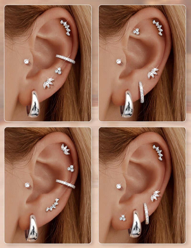 Sanfenly 6 Pairs Flat Back Earrings Silver Stud Cartilage Earrings for Women Trendy Hypoallergenic Surgical Steel Internal Thread Huggie Hoop Studs Earring Stacks Helix Tragus Piercing Jewelry - Image 4