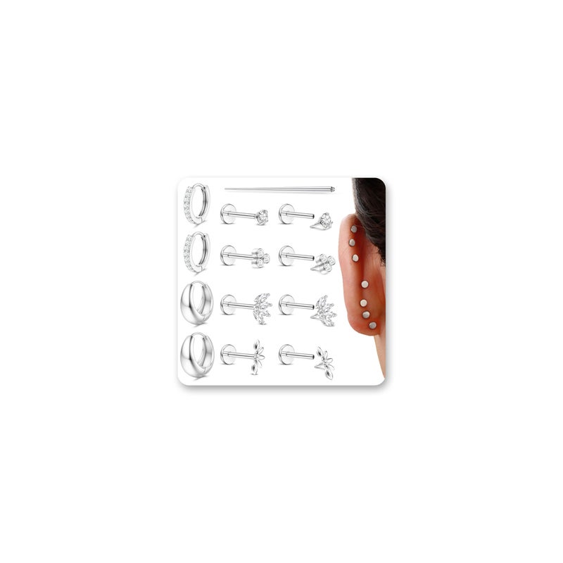 Sanfenly 6 Pairs Flat Back Earrings Silver Stud Cartilage Earrings for Women Trendy Hypoallergenic Surgical Steel Internal Thread Huggie Hoop Studs Earring Stacks Helix Tragus Piercing Jewelry - Image 1