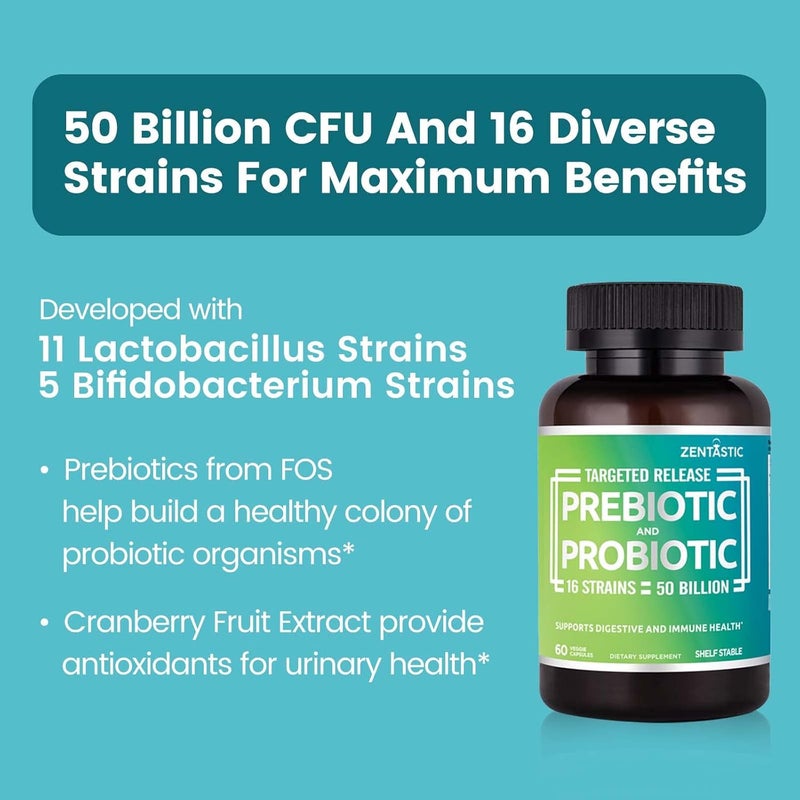 Zentastic Probiotics  Prebiotics Supplement  50 Billion CFU  for Men  Womens Immune  Digestive Health  16 Strains  Shelf Stable  60 Delayed Release Veggie Capsules - Image 3
