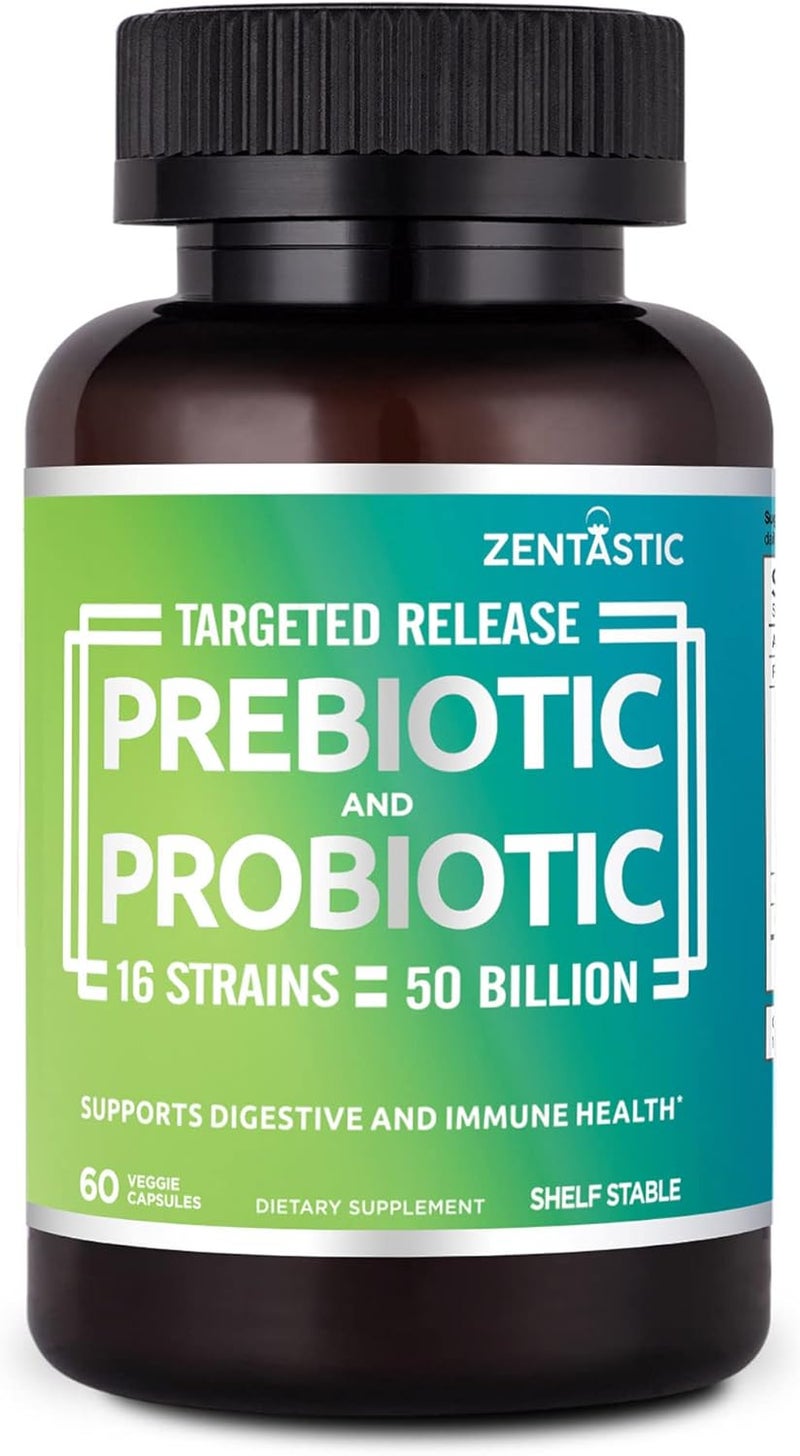 Zentastic Probiotics  Prebiotics Supplement  50 Billion CFU  for Men  Womens Immune  Digestive Health  16 Strains  Shelf Stable  60 Delayed Release Veggie Capsules - Image 1
