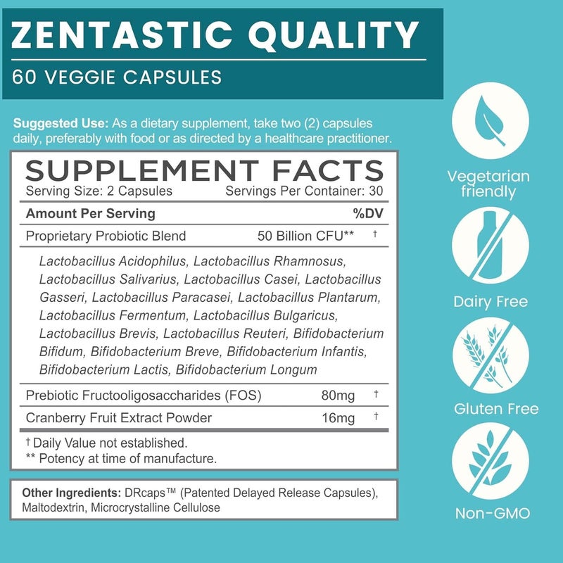 Zentastic Probiotics  Prebiotics Supplement  50 Billion CFU  for Men  Womens Immune  Digestive Health  16 Strains  Shelf Stable  60 Delayed Release Veggie Capsules - Image 2