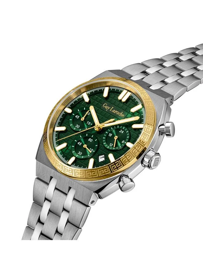 غاي لاروش ساعة كرونوغراف رجالية بقرص أخضر وسوار معدني فضي مقاس 41 مم