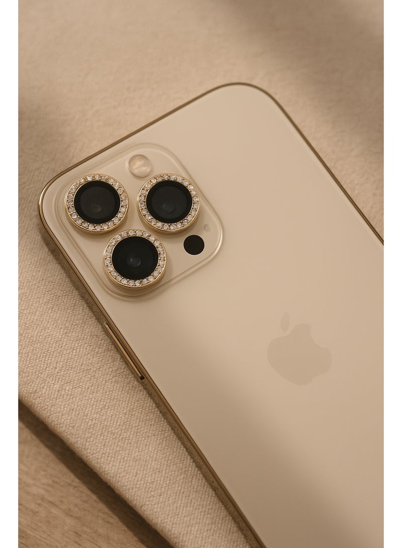 حماية عدسات دايموند لآيفون 14 برو / برو ماكس – إطار ذهبي مرصع بالكريستال لحماية كاميرا فاخرة - Image 2