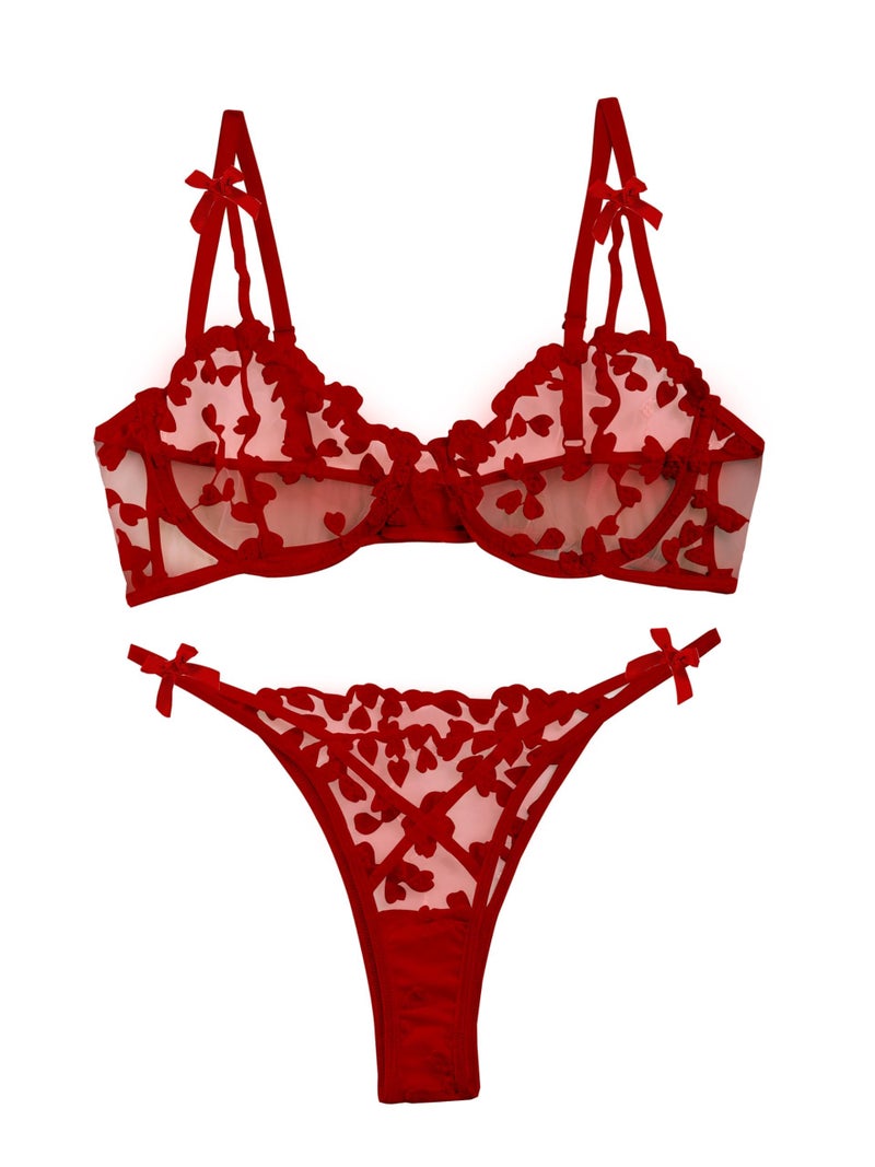 Lilosy Sexy Cute Underwire Push Up Strappy Heart Embroidered Mesh Sheer Lingerie Set for Women Bachelorette See Through Bra and Panty 2 Piece Bow Red Small - Image 1