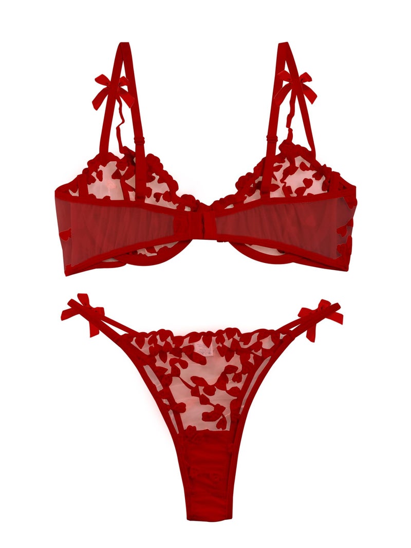 Lilosy Sexy Cute Underwire Push Up Strappy Heart Embroidered Mesh Sheer Lingerie Set for Women Bachelorette See Through Bra and Panty 2 Piece Bow Red Small - Image 2