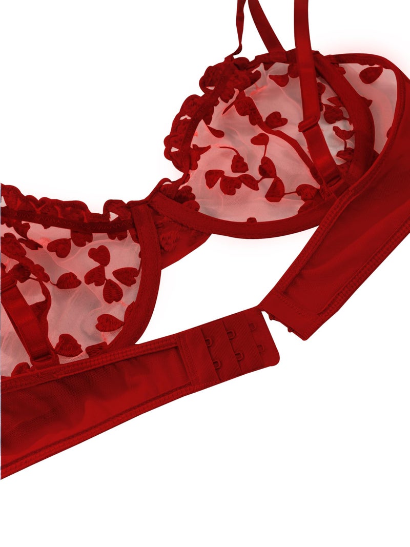 Lilosy Sexy Cute Underwire Push Up Strappy Heart Embroidered Mesh Sheer Lingerie Set for Women Bachelorette See Through Bra and Panty 2 Piece Bow Red Small - Image 4