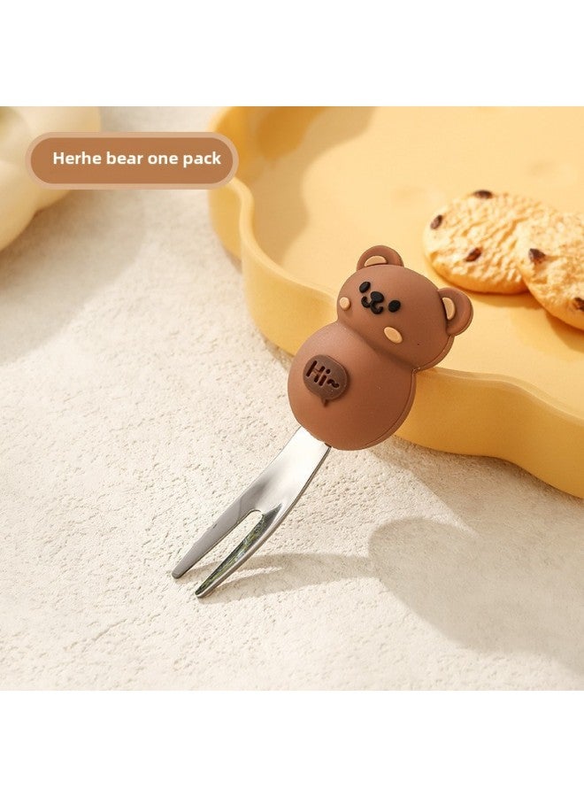 Children's Creative Fork Spoon 304 Stainless Steel Short Handle Cartoon Tableware Household Baby Dining Portable Tableware Suit-Specifications:No Specifications-Color:Hercule Bear Fruit Fork - Image 1