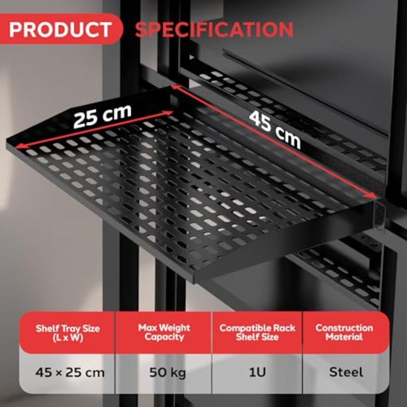 1U Server Rack Shelf 1 piece, for server cabinets and network equipment, steel, supports up to 25 lbs, black, tool-free installation - Image 3