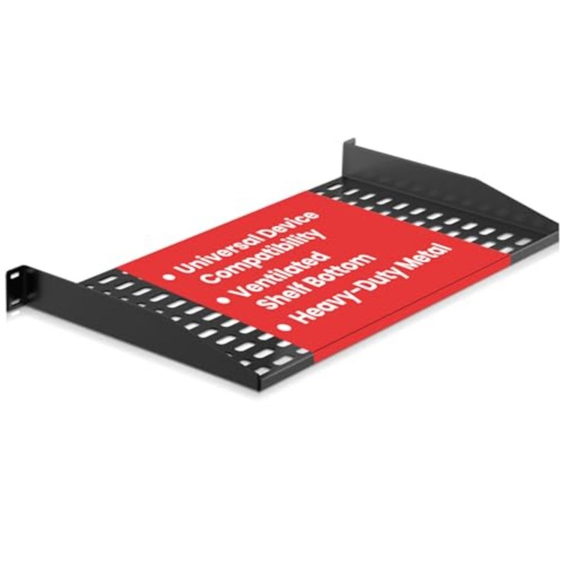 1U Server Rack Shelf 1 piece, for server cabinets and network equipment, steel, supports up to 25 lbs, black, tool-free installation - Image 1