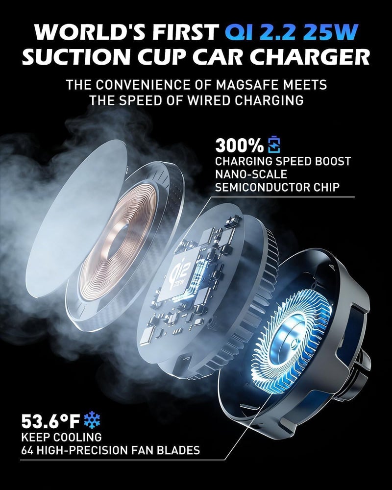 CloudValley 25W Wireless Car Charger Mount with RGB Light, Magnetic Car Phone Holder with Cooling Fan & 45W Adapter, 360° Rotating Vacuum Suction Mount, Only Design for MagSafe iPhone 17/16/15/14/13 - Image 4