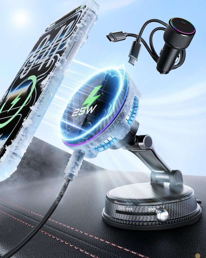 CloudValley 25W Wireless Car Charger Mount with RGB Light, Magnetic Car Phone Holder with Cooling Fan & 45W Adapter, 360° Rotating Vacuum Suction Mount, Only Design for MagSafe iPhone 17/16/15/14/13 - Image 1