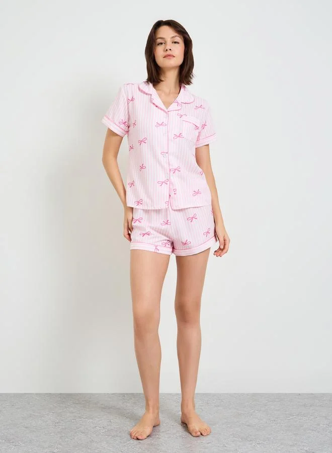 Take Two Pink Striped Short Sleeve Pajama Set with Bow Print