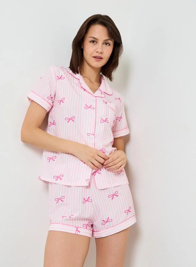 Take Two Pink Striped Short Sleeve Pajama Set with Bow Print