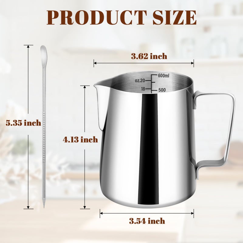 Amrules Milk Frothing Pitcher, 20oz Milk Frother Cup with Clear Scale, 304 Stainless Steel Cappuccino Espresso Machine Accessories for Barista Coffee Bar with Latte Art Pen, Silver - Image 2