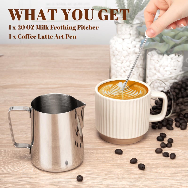 Amrules Milk Frothing Pitcher, 20oz Milk Frother Cup with Clear Scale, 304 Stainless Steel Cappuccino Espresso Machine Accessories for Barista Coffee Bar with Latte Art Pen, Silver - Image 3