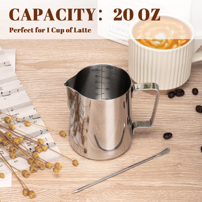 Amrules Milk Frothing Pitcher, 20oz Milk Frother Cup with Clear Scale, 304 Stainless Steel Cappuccino Espresso Machine Accessories for Barista Coffee Bar with Latte Art Pen, Silver - Image 4
