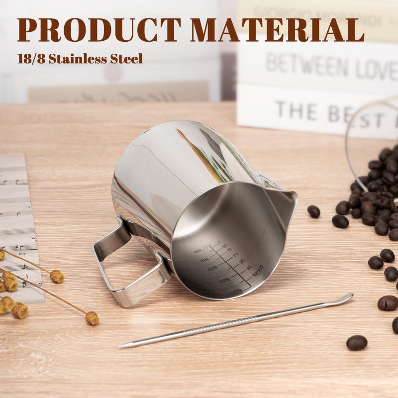 Amrules Milk Frothing Pitcher, 20oz Milk Frother Cup with Clear Scale, 304 Stainless Steel Cappuccino Espresso Machine Accessories for Barista Coffee Bar with Latte Art Pen, Silver - Image 5