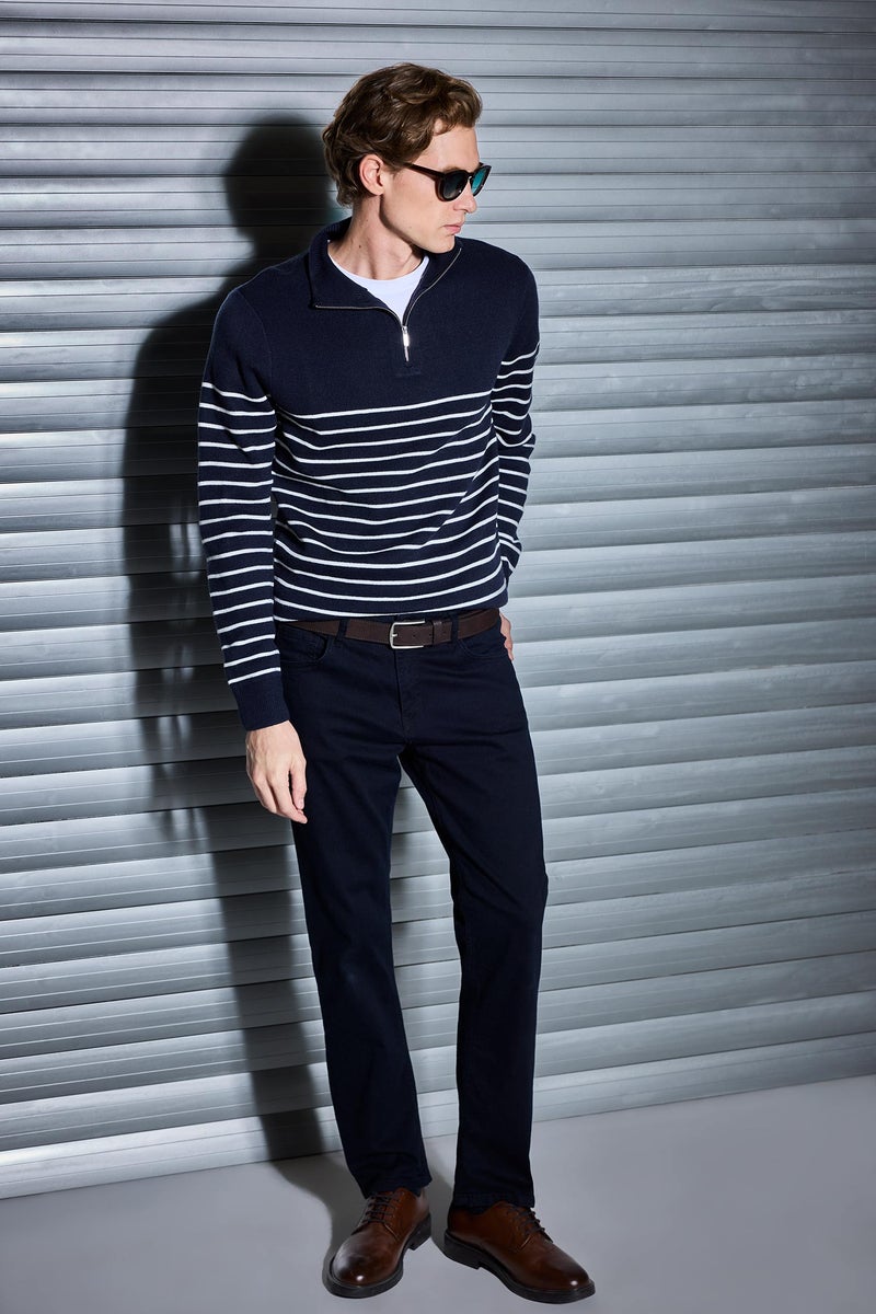 DeFacto Blue Man Standard Fit Half Zippered Striped Knit Pullover Casual - Image 2