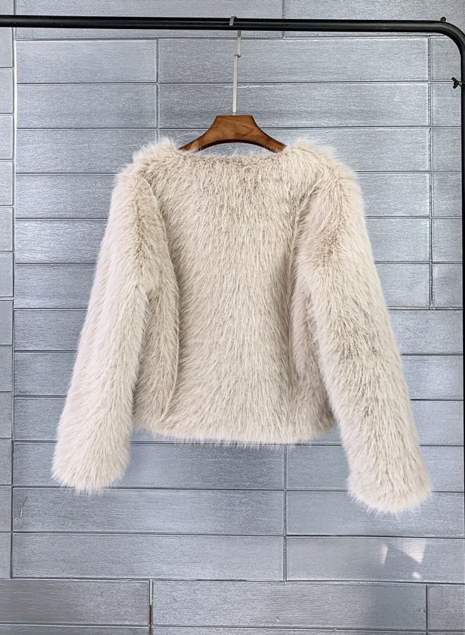 Loquat Women's Solid Color Imitation Fur Short Coat Beige  - Image 2