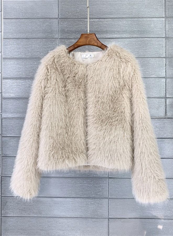 Loquat Women's Solid Color Imitation Fur Short Coat Beige  - Image 1