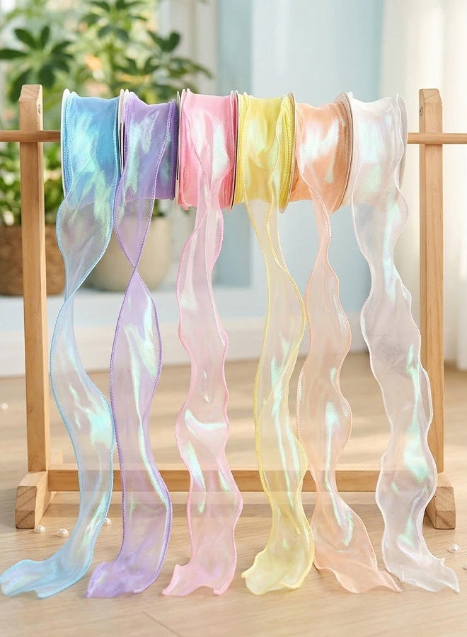 6 Rolls Gift Wrap Ribbons, Gradient Sheer Organza Iridescent Chiffon Ribbon Set for Gift Wrapping, Bouquet Packaging, Party Decor & DIY Crafts, 4cm x 9m - Image 1