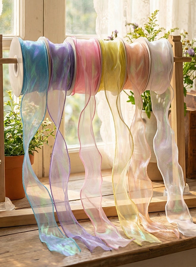 6 Rolls Gift Wrap Ribbons, Gradient Sheer Organza Iridescent Chiffon Ribbon Set for Gift Wrapping, Bouquet Packaging, Party Decor & DIY Crafts, 4cm x 9m - Image 5
