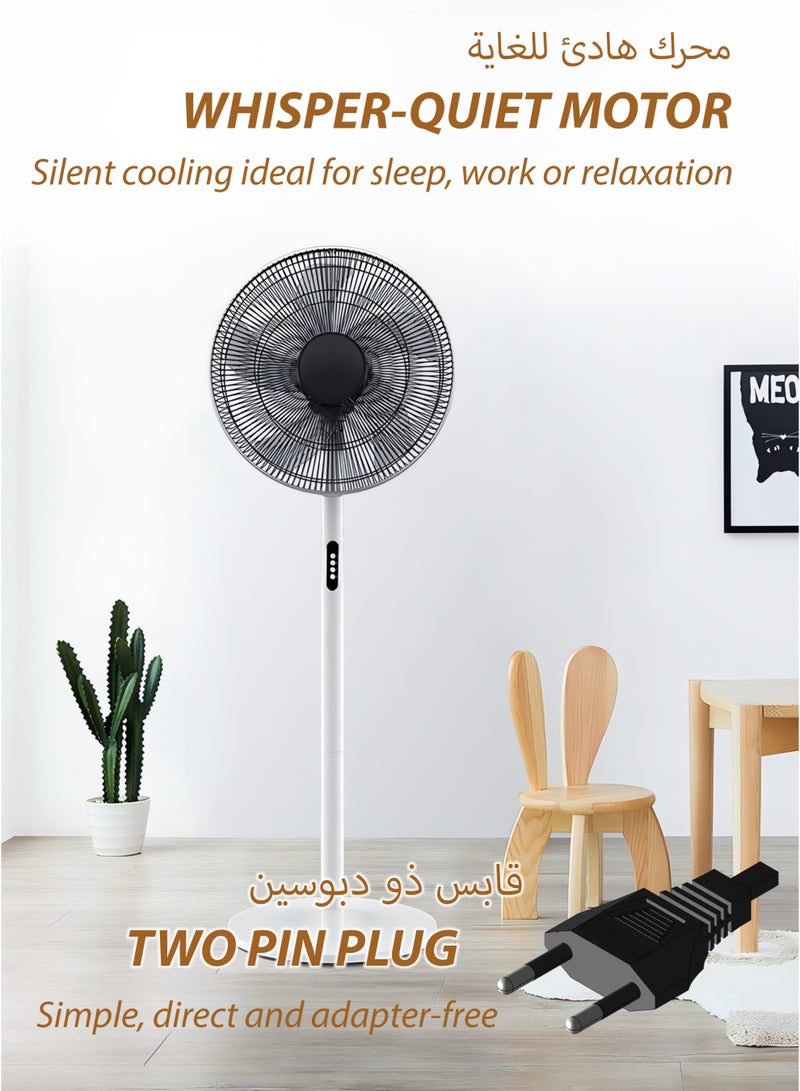 16 Inch Modern Cooling Stand Fan – 3 Speed Fan With Whisper Quiet Motor, Plastic Blades and 2-Pin Plug –40 Watts Energy Efficient Cooling Fan for Home and Office Use – AC 220V 50Hz, White  - Image 2