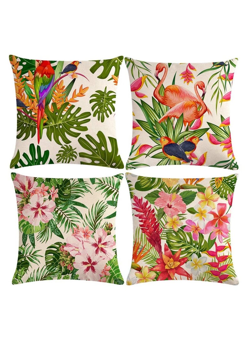 SYOSI Throw Pillow Covers Tropical Cushion Leaves & Flowers with Parrot Flamingo Bird Pattern Home Decorative for Outdoor Patio Garden Living Room Sofa 18”×18” Pillowcase 4 Pcs - Image 1
