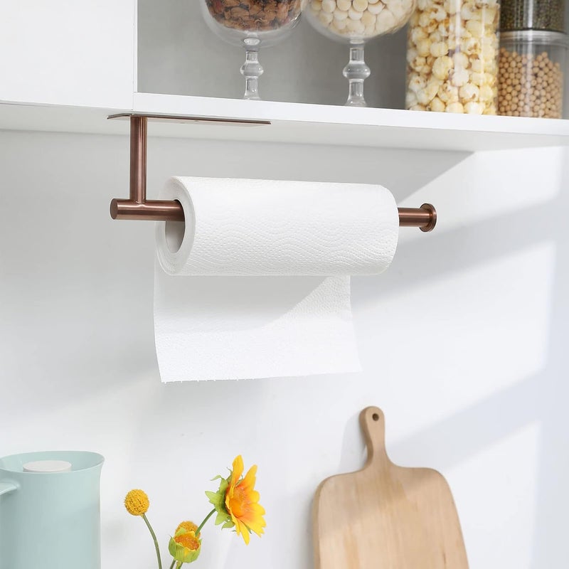 theaoo Rose Gold Paper Towel Holder - Under Cabinet Paper Towel Holder for Kitchen, Adhesive Paper Towel Roll Rack for Bathroom Towel, Wall Mounted Paper Towel Rack, SUS304 Stainless Steel - Image 2
