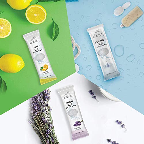 FabbPro Oshibori Moist Terry Cotton Refreshment Towels (75 Pack, 8 x 8 Inches) - White Pre-moistened 100% Cotton Towel to Use Hot or Cold – Unscented, Lemon & Lavender Scent – Bundle of 25 each - Image 3