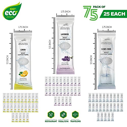 FabbPro Oshibori Moist Terry Cotton Refreshment Towels (75 Pack, 8 x 8 Inches) - White Pre-moistened 100% Cotton Towel to Use Hot or Cold – Unscented, Lemon & Lavender Scent – Bundle of 25 each - Image 4