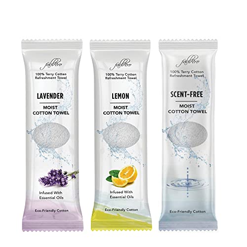 FabbPro Oshibori Moist Terry Cotton Refreshment Towels (75 Pack, 8 x 8 Inches) - White Pre-moistened 100% Cotton Towel to Use Hot or Cold – Unscented, Lemon & Lavender Scent – Bundle of 25 each - Image 1