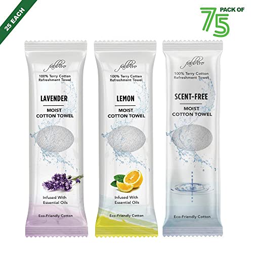 FabbPro Oshibori Moist Terry Cotton Refreshment Towels (75 Pack, 8 x 8 Inches) - White Pre-moistened 100% Cotton Towel to Use Hot or Cold – Unscented, Lemon & Lavender Scent – Bundle of 25 each - Image 2