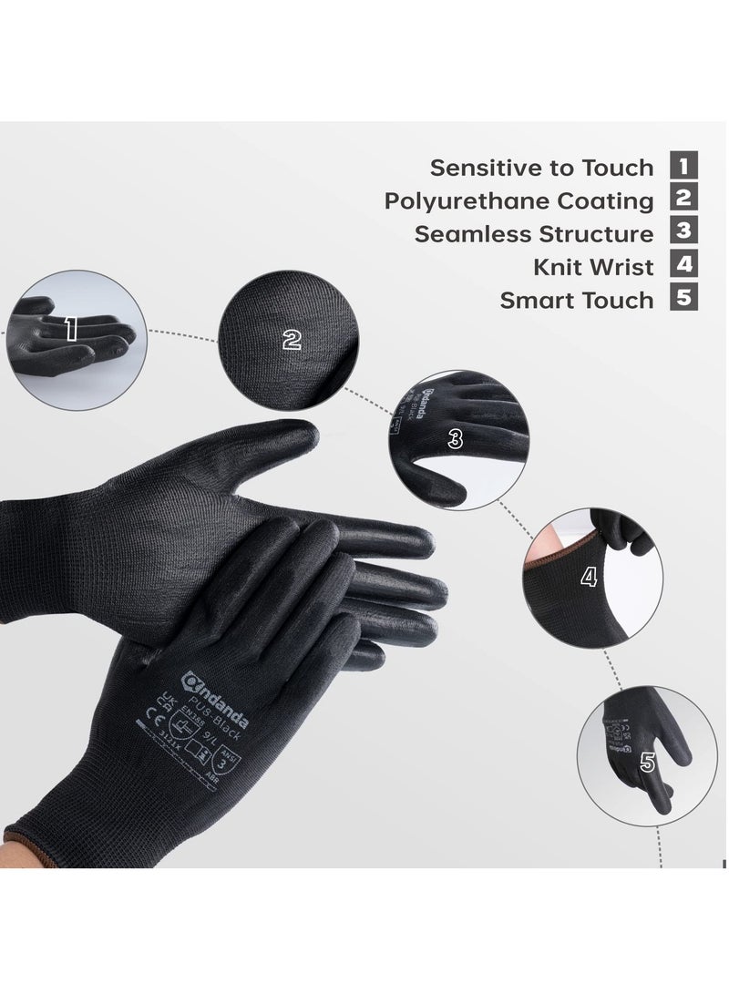 Seamless Knit Safety Gloves with PU Coating: 12 Pairs Durable Work & Gardening Glove for Men - Warehouse & Outdoor Use, Black  - Image 2