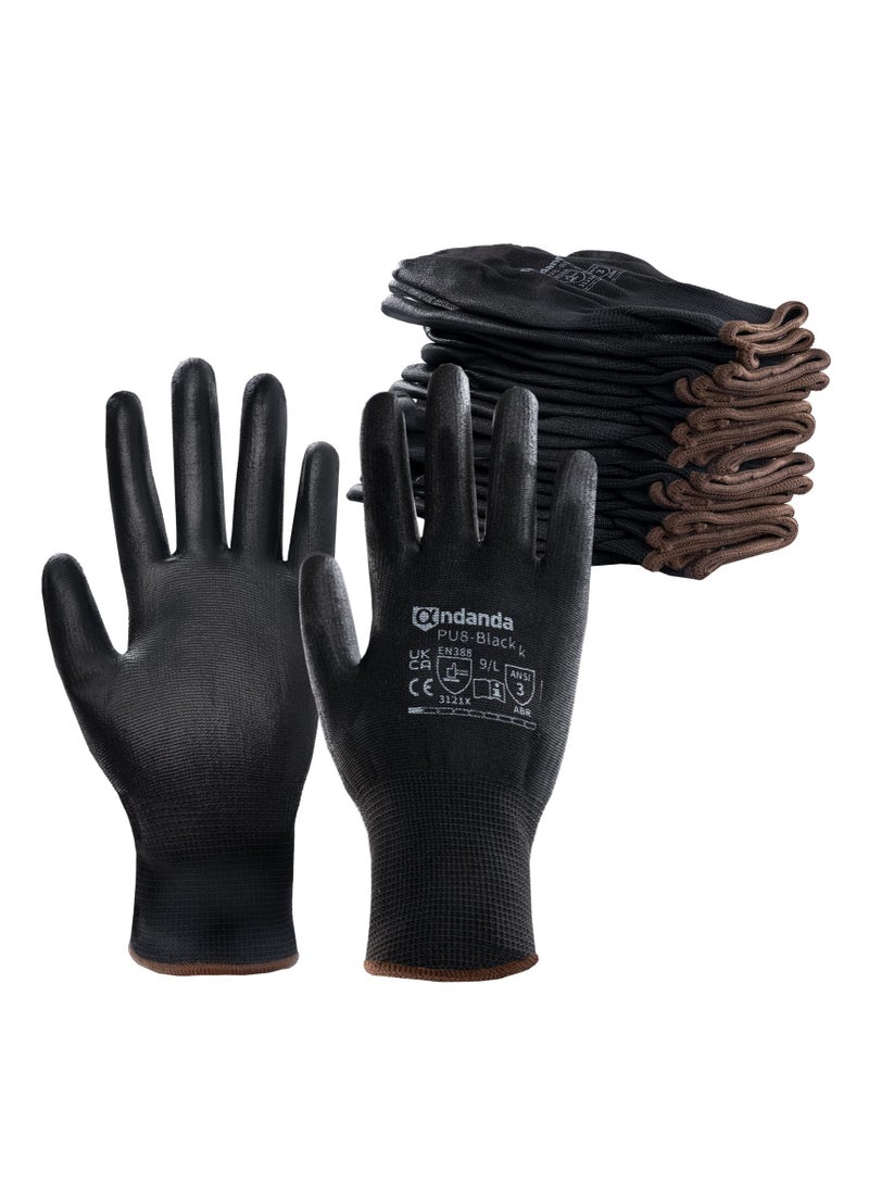 Seamless Knit Safety Gloves with PU Coating: 12 Pairs Durable Work & Gardening Glove for Men - Warehouse & Outdoor Use, Black  - Image 1