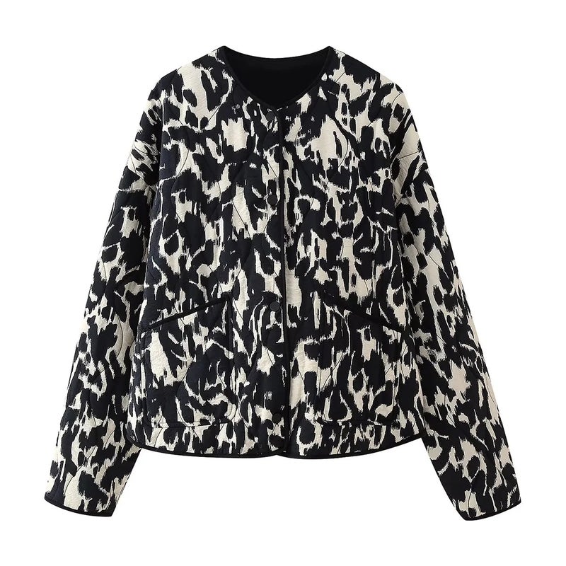Amazon Foreign Trade European and American Style Warm Cotton-padded Clothes Womens Autumn and Winter Animal Print Loose Cotton-padded Jacket Coat Picture color
