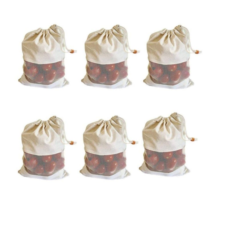 Sarfii Cotton Vegetable Bags Fridge Storage Bag Sabji Fruits Pouch Refrigerator Produce bags Clothe Muslin Reusable Washable with DrawstringsPACK OF 6 - Image 1