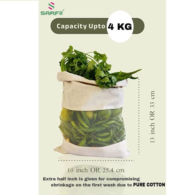Sarfii Cotton Vegetable Bags Fridge Storage Bag Sabji Fruits Pouch Refrigerator Produce bags Clothe Muslin Reusable Washable with DrawstringsPACK OF 6 - Image 2