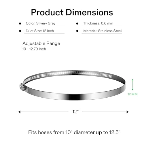 VIVOSUN Stainless Steel Air Ducting Clamps, 4/6/8/12 Inch Adjustable Hose Clamps with Worm Drive for Ducting, Heating, Cooling, Exhaust, and Ventilation (Pack of 2) - Image 2