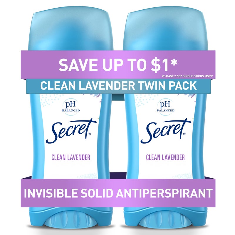 Secret Antiperspirant and Deodorant for Women, 24hr Sweat & Odor Protection, PH Balanced Protection, Gentle on Skin, Invisible Solid, Clean Lavender Scent, 2.6 oz (Pack of 2) - Image 1