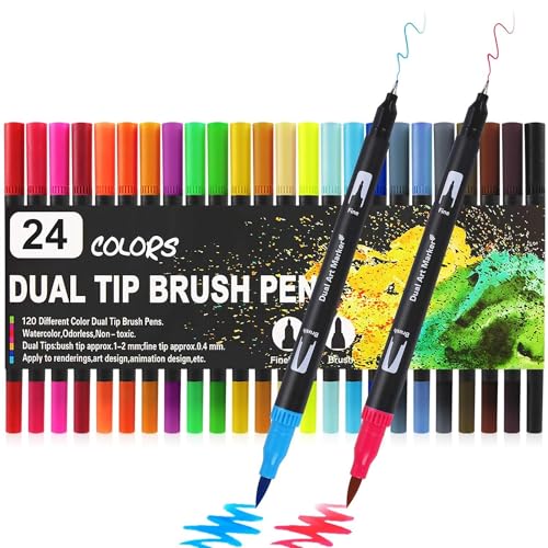 Corslet 24 Pcs Dual Tip Brush Pens 24 Shades Calligraphy Brush Pen Sketches Fineline Coloured Pen Brush Colour for Coloring Drawing Sketching Artists Students & Professionals Drawing Colour - Image 1
